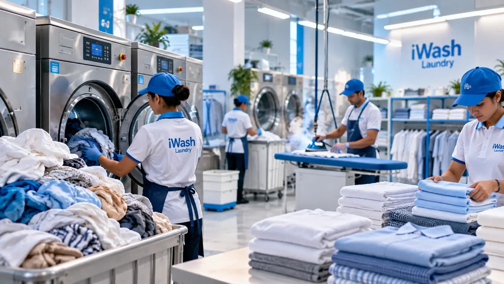 The iWash laundry floor: staff loading commercial washers, steaming shirts on a pressing table and folding fresh linen.