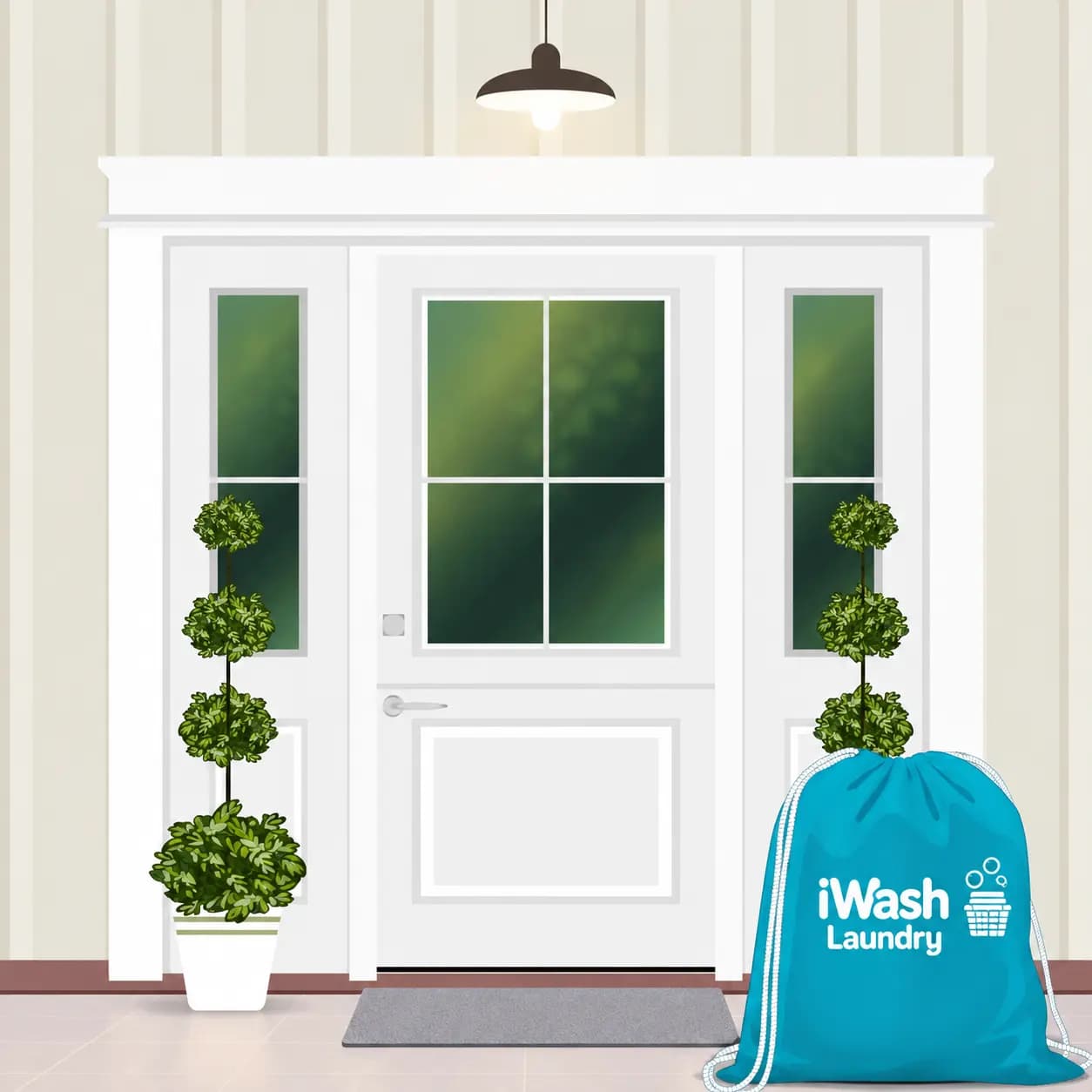A blue iWash Laundry bag waiting on a doorstep in front of a white front door.