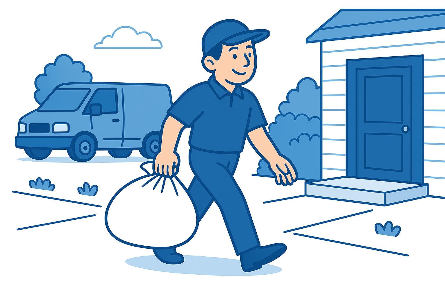 A delivery person carrying a laundry bag from a van to a front door.
