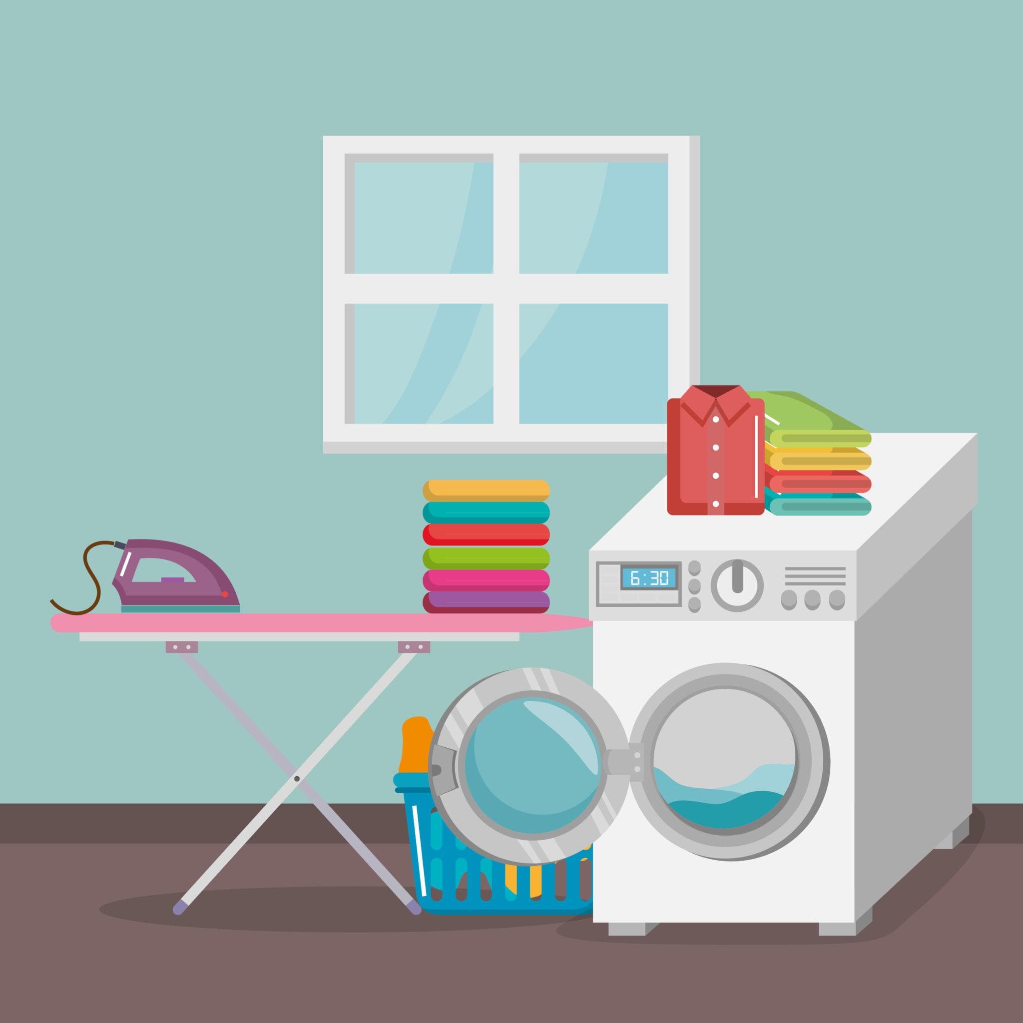 A laundry room with a washing machine, an ironing board and stacks of folded clothes.